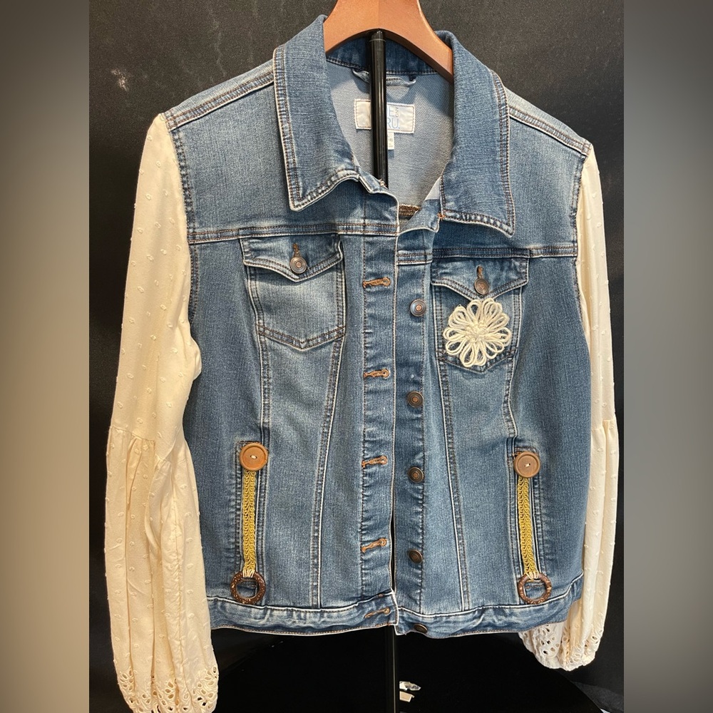 Boho Inspired Denim Jacket Upcycled Custom Designed Women's Size XL